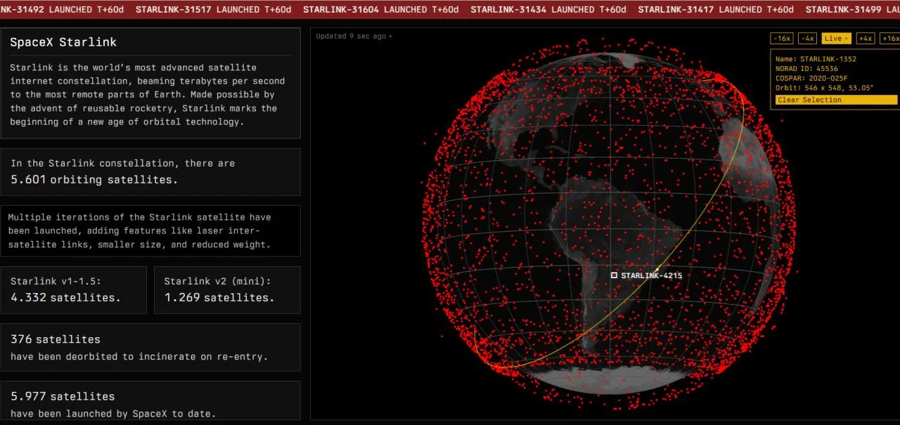 Novo mapa mostra posição dos satélites da SpaceX em tempo real